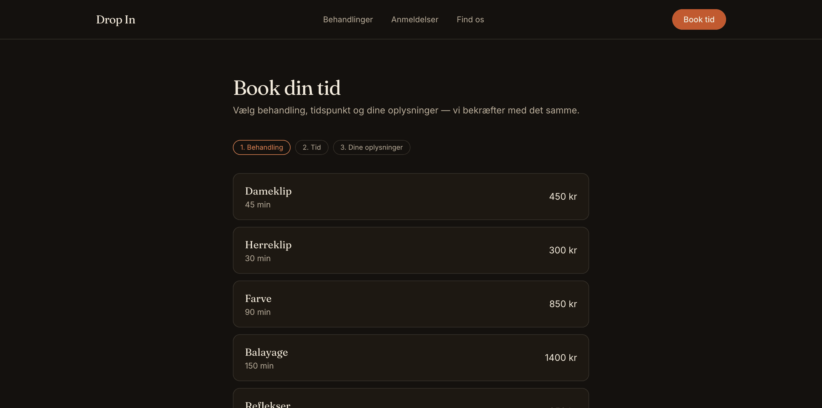 Drop In, bookingflow med behandlingsvalg
